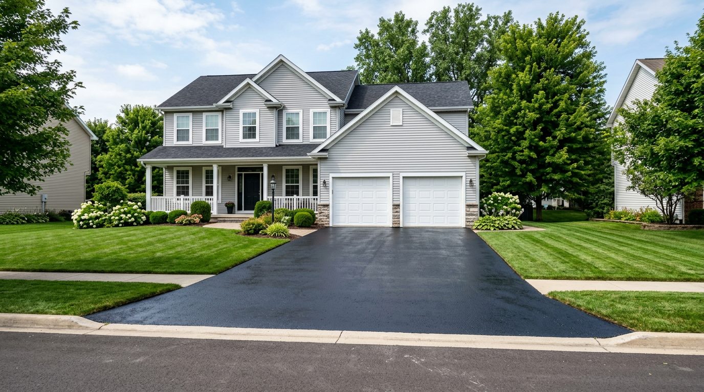 Freshly seal coated jet-black asphalt driveway in front of a two-storey American suburban home with an attached double garage