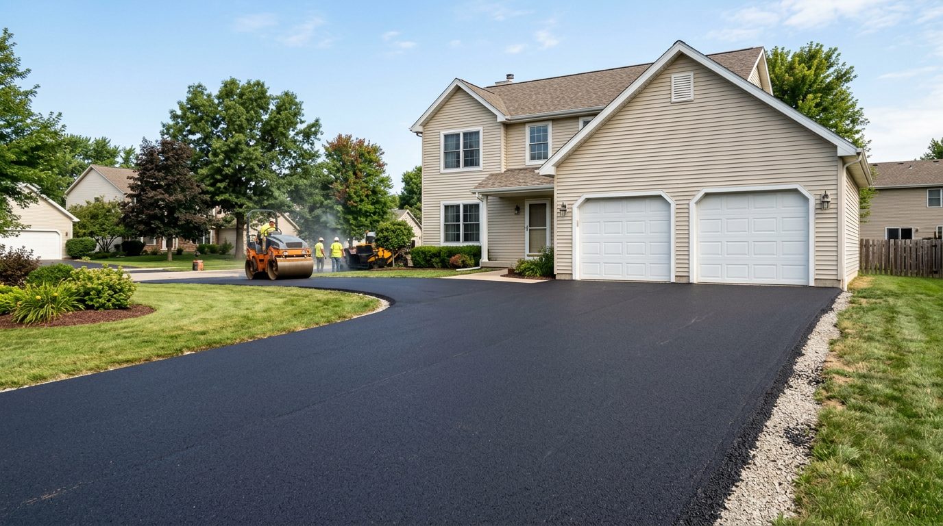 Brand new asphalt driveway being installed at a US suburban home