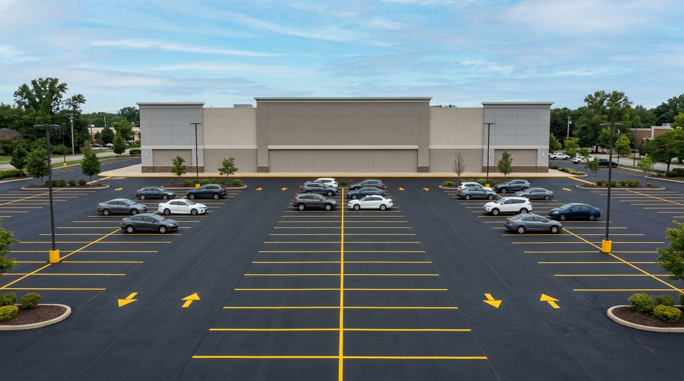 Large freshly sealed black asphalt car park at a plain American commercial building