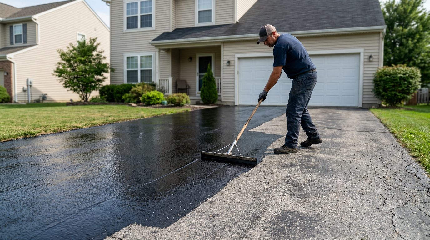 American home driveway half sealed, showing faded grey asphalt beside deep glossy black sealer